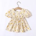 100% Cotton Floral Allover Bow Decor Square Neck Puff Short-sleeve Yellow or Red Baby Dress Yellow