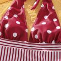 Family Matching Colorblock Striped Swim Trunks Shorts and Polka Dots Halter Neck One-Piece Swimsuit Burgundy