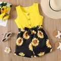 2pcs Kid Girl Ffloral Print Ribbed Splice Button Design Sleeveless Belted Rompers Yellow image 1