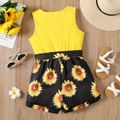 2pcs Kid Girl Ffloral Print Ribbed Splice Button Design Sleeveless Belted Rompers Yellow image 5