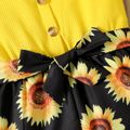 2pcs Kid Girl Ffloral Print Ribbed Splice Button Design Sleeveless Belted Rompers Yellow