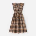 Brown Plaid Cross Wrap V Neck Flutter-sleeve Belted Dress for Mom and Me Apricot brown