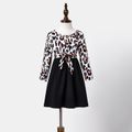 Family Matching Leopard Splicing Long-sleeve Belted Dresses and Black Cotton T-shirts Sets Black