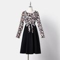 Family Matching Leopard Splicing Long-sleeve Belted Dresses and Black Cotton T-shirts Sets Black