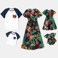 Family Matching Plant Print V Neck Short Ruffle Sleeve Dresses and Raglan Sleeve T-shirts Sets ColorBlock