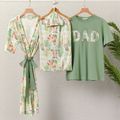 Family Matching Allover Animals Print Half-sleeve Robe Swaddle Hat and Cotton T-shirt Sets Aqua