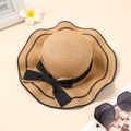 Big Bow Decor Wavy Edge Two Tone Straw Hat for Mom and Me Khaki image 4