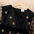 Kid Girl V Neck Star Glitter Design Bowknot Long-sleeve Mesh Black Party Dress Black