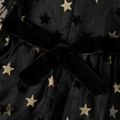 Kid Girl V Neck Star Glitter Design Bowknot Long-sleeve Mesh Black Party Dress Black