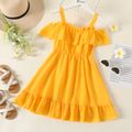 Kid Girl Off Shoulder Flounce Solid Color Strap Dress Yellow image 1