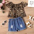 2-piece Kid Girl Leopard Print Off Shoulder Flounce Sleeveless Tee and Ripped Denim Shorts Set Brown