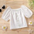Kid Girl 100% Cotton Square Neck Button Design Solid Color Short-sleeve Blouse White