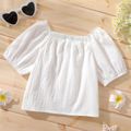 Kid Girl 100% Cotton Square Neck Button Design Solid Color Short-sleeve Blouse White