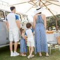 Family Matching All Over Floral Print Blue Halter Neck Sleeveless Maxi Dresses and Raglan-sleeve T-shirts Sets Dark Blue/white