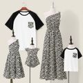 Family Matching All Over Floral Print One Shoulder Sleeveless Maxi Dresses and Raglan-sleeve T-shirts Sets Black/White