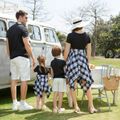 Family Matching Black Short-sleeve Splicing Plaid Irregular Hem Dresses and Polo Shirts Sets Black/White