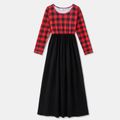 Red Plaid Splicing Black Long-sleeve Maxi Dresses for Mom and Me Red