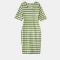 Green Striped Round Neck Half-sleeve Sheath Bodycon Pencil Dress for Mom and Me Light Green