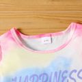 2-piece Kid Girl Letter Print Tie Dyed Cold Shoulder Tee and Bowknot Design Dolphine Shorts Set Light Pink