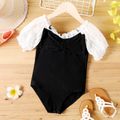 Kid Girl Ruffled Lace Design Short-sleeve Onepiece Swimsuit Black