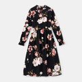 All Over Floral Print Black Stand Collar Ruffle Long-sleeve Dress for Mom and Me Black