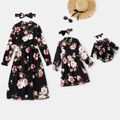 All Over Floral Print Black Stand Collar Ruffle Long-sleeve Dress for Mom and Me Black