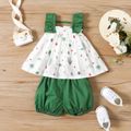 Touch The Clouds Baby Girl 2pcs Floral Allover Ruffle Decor Sleeveless Top and Solid Shorts Green or Orange Set Green