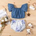 2pcs Baby Girl Imitation Denim Short-sleeve Top and Floral Print Shorts Set DENIMBLUE image 1