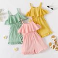 Kid Girl 100% Cotton Solid Color Ruffled Textured Strap Rompers Yellow image 2