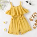 Kid Girl 100% Cotton Solid Color Ruffled Textured Strap Rompers Yellow image 1