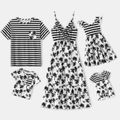 Family Matching Stripe Splicing Plant Print Spaghetti Strap V Neck Ruffle Dresses and Short-sleeve T-shirts Sets BlackandWhite image 1