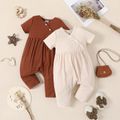 Baby Girl Solid Ribbed V Neck Short-sleeve Jumpsuit Apricot image 1