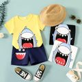 3pcs Toddler Boy Playful Straw Hat & Shark Print Tee and Shorts Set Yellow
