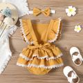 2pcs Solid Lace and Ruffle Decor Flutter-sleeve Ginger Baby Romper with Headband Set Ginger