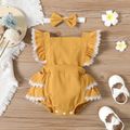 2pcs Solid Lace and Ruffle Decor Flutter-sleeve Ginger Baby Romper with Headband Set Ginger