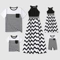 Passende schwarze, schulterfreie Neckholder-Splicing-Chevron-gestreifte Maxikleider und Kurzarm-T-Shirt-Sets für die Familie Schwarz und weiß