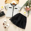 2pcs Toddler Girl Button Design Textured Tweed Short-sleeve Blouse and Black Mesh Skirt Set White