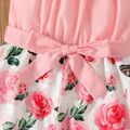 Kid Firl Floral Print Splice Flounce Belted Off Shoulder Cami Jumpsuits Pink