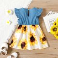 Baby Girl Imitation Denim Flutter-sleeve Splice Sunflower Floral Print Dress Color block