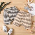 100% Cotton Baby Boy Button Design Striped Elasticized Waist Shorts Brown image 2