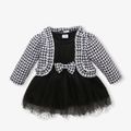 2pcs Baby Long-sleeve Plaid Cardigan and Tutu Mesh Dress Set Black/White image 1
