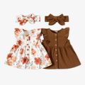 2pcs Baby Girl 100% Cotton Solid/Floral-print Sleeveless Ruffle Button Up Dress with Headband Set White