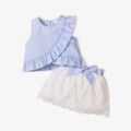 Trendy Toddler Girl Stripe Print Bowknot Ruffle Flounce Set Blue