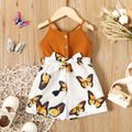 Toddler Girl Butterfly Print Button Design Splice Belted Cami Romper Brown image 1