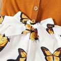 Toddler Girl Butterfly Print Button Design Splice Belted Cami Romper Brown