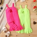 Baby Girl Fluorescent Colored Ribbed Sleeveless Hollow Out Layered Bell Bottom Jumpsuit Peach