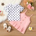 2pcs Baby Girl 100% Cotton Spaghetti Strap Button Ruffle Dress with Short-sleeve Polka Dots T-shirt Set Pink
