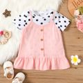 2pcs Baby Girl 100% Cotton Spaghetti Strap Button Ruffle Dress with Short-sleeve Polka Dots T-shirt Set Pink