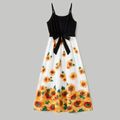 Family Matching All Over Sunflower Floral Print Spaghetti Strap Splicing Dresses and Short-sleeve Shirts Sets yellowwhite