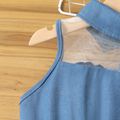 Kid Girl Lapel Collar Button Stars Design Denim Mesh Splice Sleeveless Dress Blue